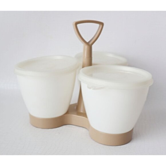Vintage Tupperware Serve ‘n Store 3-pc Condiment Set with Caddy Carrier Almond - Picture 5 of 5